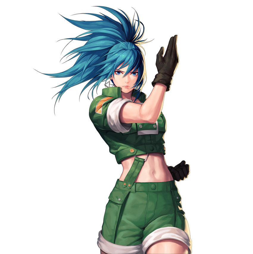 1girl, blue_eyes, blue_hair, blush, brown_gloves, clenched_hand, closed_mouth, earrings, ers, evilgun, female_focus, fighting_stance, gloves, green_shirt, green_shorts, hair_between_eyes, high_ponytail, highres, jewelry, leona_heidern, long_hair, looking_at_viewer, midriff, navel, ponytail, shirt, short_sleeves, shorts, sleeves_rolled_up, snk, solo, standing, suspender_shorts, suspenders, the_king_of_fighters, thighs