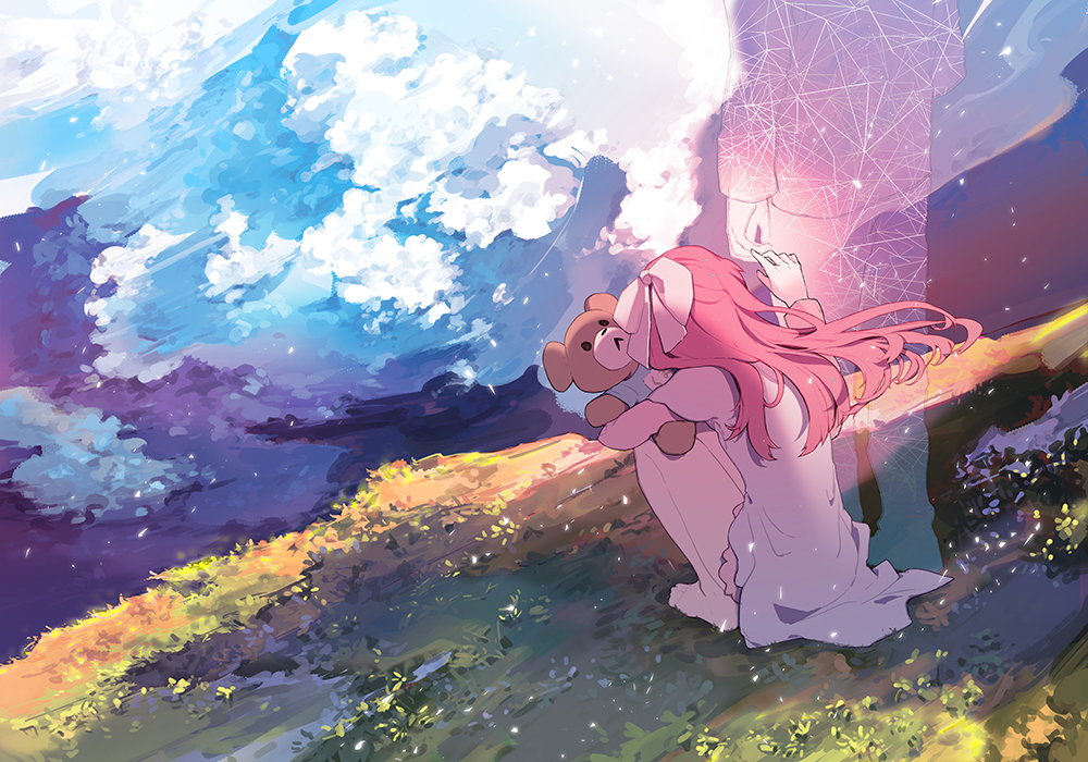 1boy, 1girl, barefoot, cliff, cloud, father_and_child, father_and_daughter, from_behind