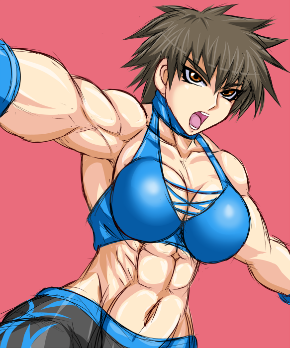 1girl, bike_shorts, female_focus, fujima_yuki, midriff, muscular, original, short_hair