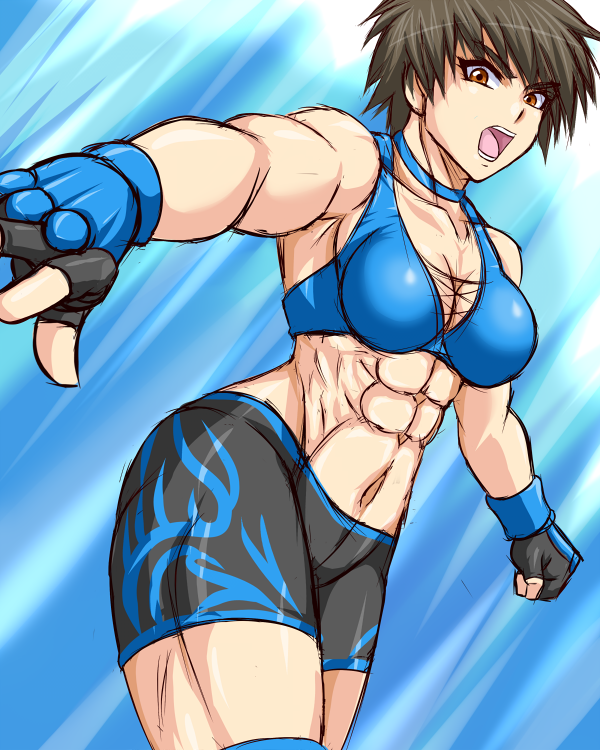 1girl, bike_shorts, female_focus, finger_gloves, fujima_yuki, gloves, midriff, muscular, original, short_hair, solo, taroimo_(00120014)