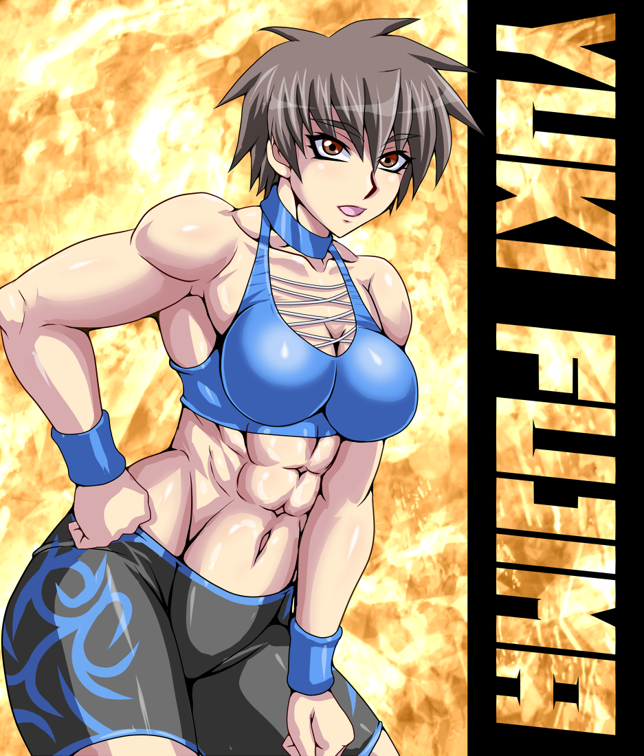 1girl, bike_shorts, character_name, female_focus, fujima_yuki, midriff, muscular, original, short_hair, solo, taroimo_(00120014)