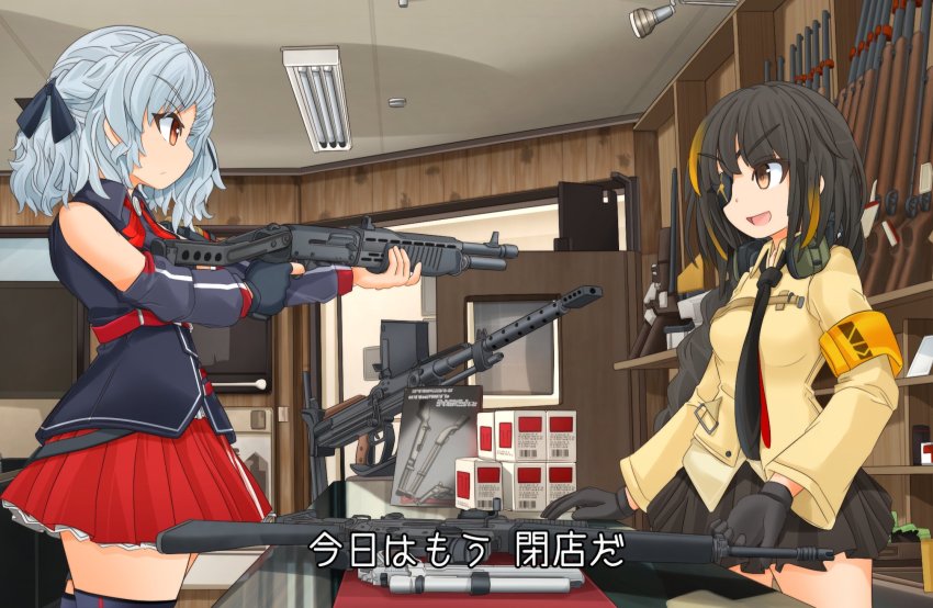 2girls, amt_hardballer, amt_hardballer_longslide, anti-materiel_rifle, ar-18, assault_rifle, combat_shotgun, commentary_request