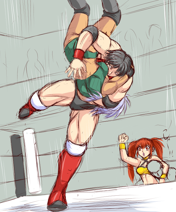 3girls, midriff, miyao_tatsuko, multiple_girls, short_hair, taroimo_(00120014), wrestling_ring, yumiki_miori