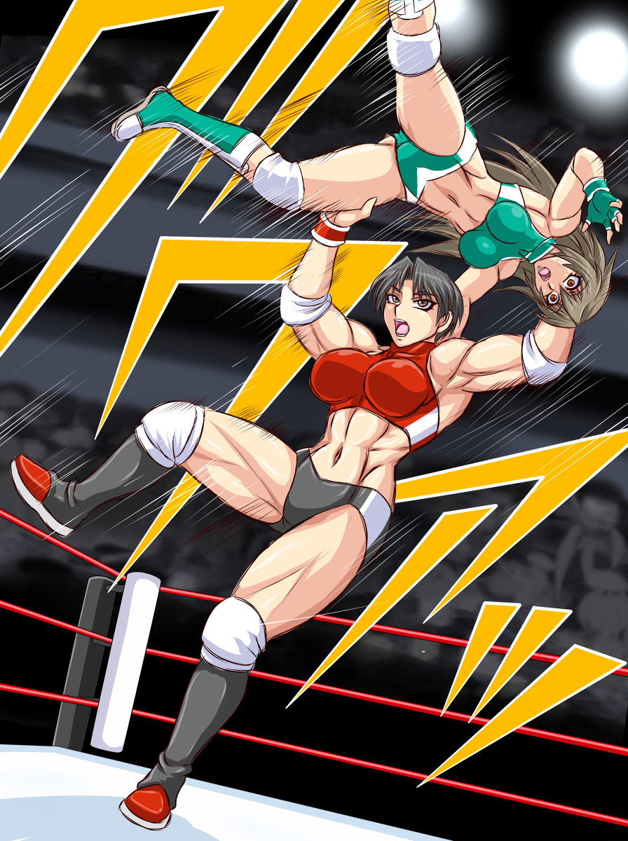 2girls, highres, midriff, multiple_girls, muscular, short_hair, taroimo_(00120014), wrestling_ring
