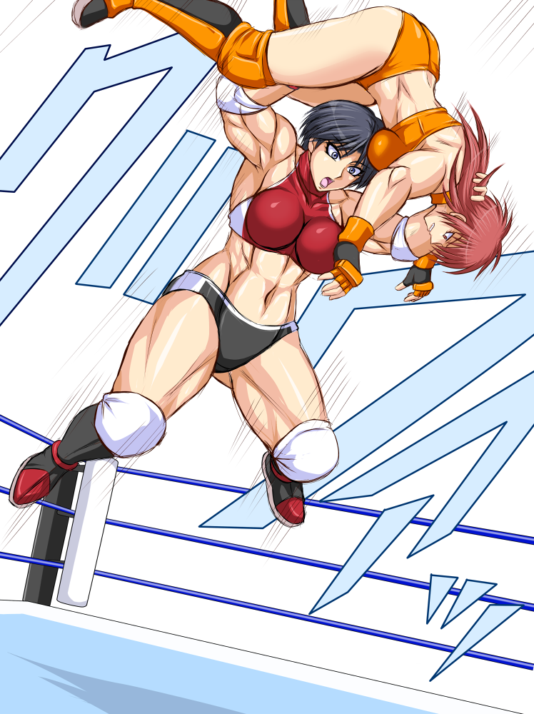 2girls, blue_eyes, boots, elbow_pads, fingerless_gloves, gloves, kusakabe_hikari, long_hair