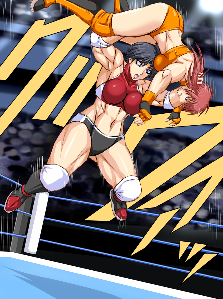 2girls, blue_eyes, boots, elbow_pads, fingerless_gloves, gloves, kusakabe_hikari, long_hair