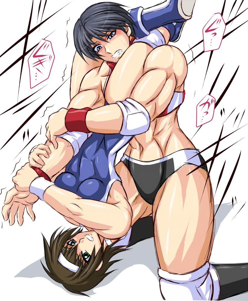 2girls, blue_eyes, brown_hair, green_eyes, kannai_iba, knee_pads, leotard, midriff, multiple_girls, muscular, short_hair, taroimo_(00120014), yumiki_miori