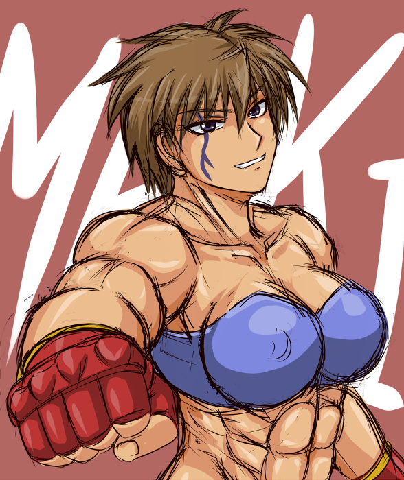 1girl, brown_hair, female_focus, muscular, original, sawatari_maki, short_hair, solo