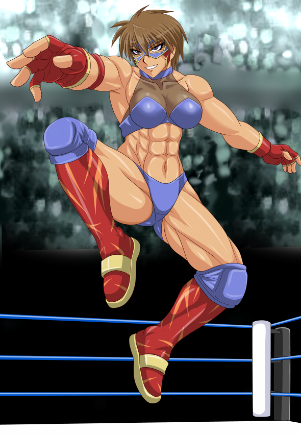 1girl, brown_hair, female_focus, muscular, original, sawatari_maki, short_hair, solo