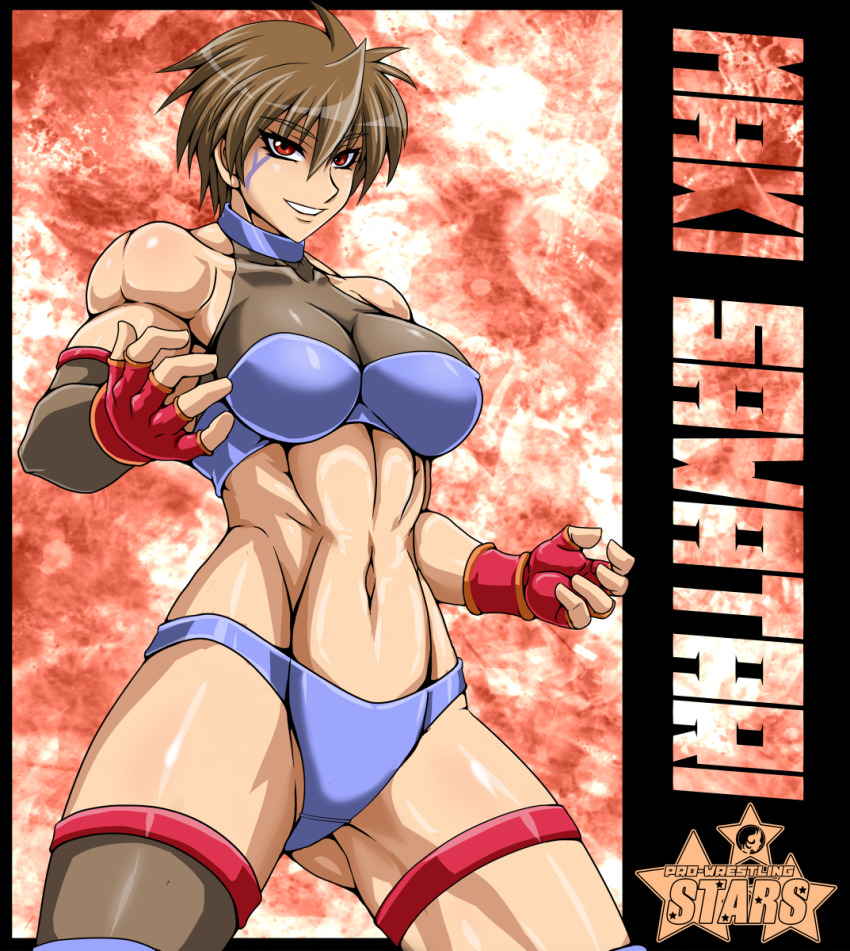 1girl, brown_hair, character_name, cowboy_shot, female_focus, fingerless_gloves, gloves, highres