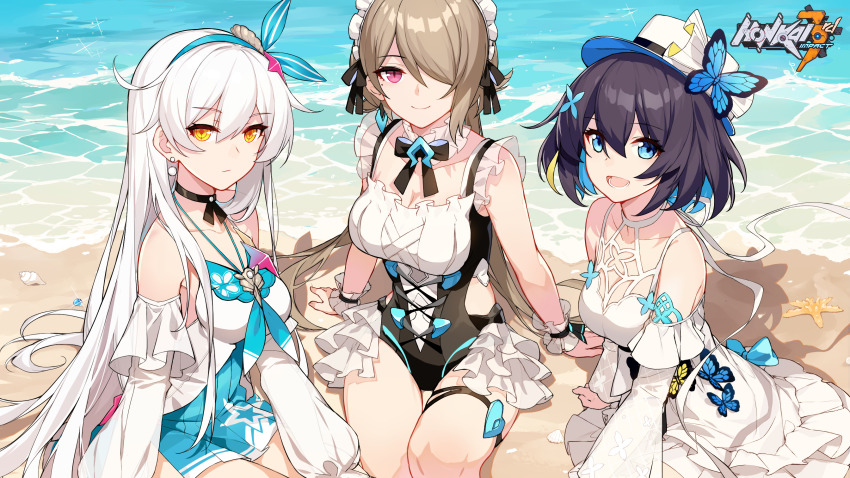 3girls, :d, alternate_costume, beach, black_hair, blue_eyes, blush, breasts