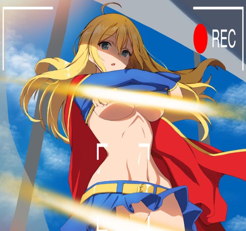 1girl, ahoge, animification, belt, blonde_hair, blue_shirt, breasts, cape, censored, censored_nipples, cloud, commission, convenient_censoring, day, dc_comics, female_focus, green_eyes, light_censor, miniskirt, navel, no_bra, no_panties, recording, red_cape, shirt, skirt, sky, solo, supergirl, superman_(series), underboob, undressing, wangjook_(wj)