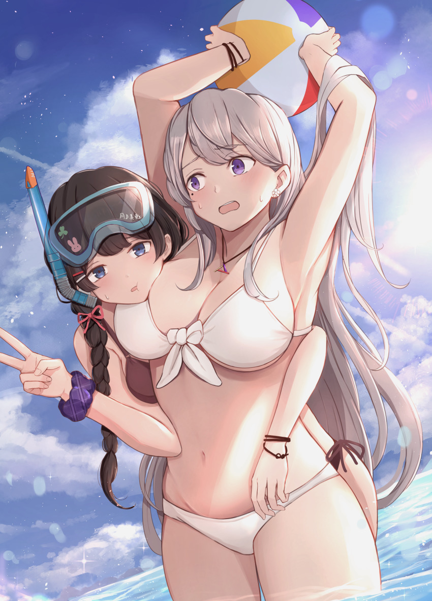 2girls, absurdres, arms_up, bad_id, bad_pixiv_id, ball, beachball, bikini