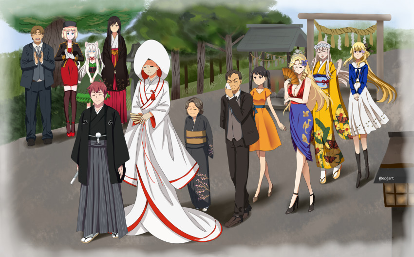 3boys, 6+girls, adapted_costume, akagi_(azur_lane), akagi_(azur_lane)_(cosplay), akagi_(kancolle), alternate_costume, alternate_height