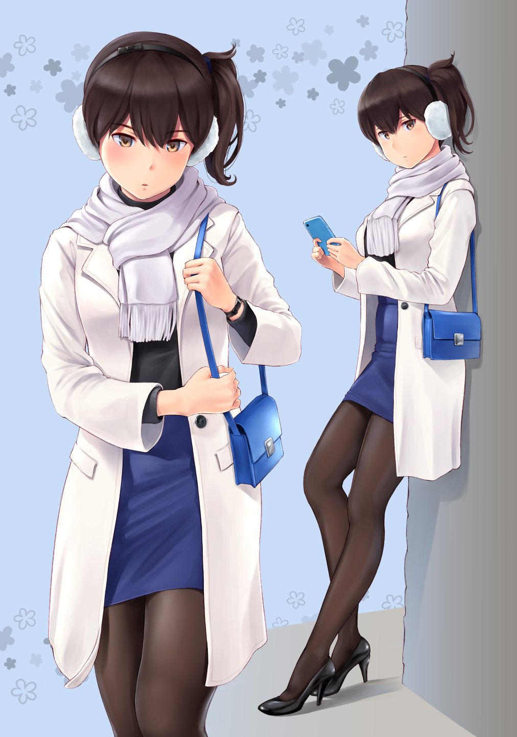 1girl, against_wall, alternate_costume, bag, black_footwear, black_pantyhose, black_shirt, black_sweater, blue_background, blue_skirt, blush, breasts, brown_eyes, brown_hair, brown_pantyhose, buttons, cellphone, coat, contemporary, earmuffs, fringe_trim, full_body, handbag, high_heels, highres, holding, holding_phone, holding_strap, kaga_(kancolle), kaga_(mitsukoshi)_(kancolle), kantai_collection, large_breasts, legs, long_sleeves, looking_at_viewer, multiple_views, official_alternate_costume, open_clothes, open_coat, open_mouth, pantyhose, parted_lips, pencil_skirt, phone, pumps, scarf, shirt, shoes, shoulder_bag, side_ponytail, skirt, smartphone, sweater, wa_(genryusui), white_coat, white_scarf, wristband