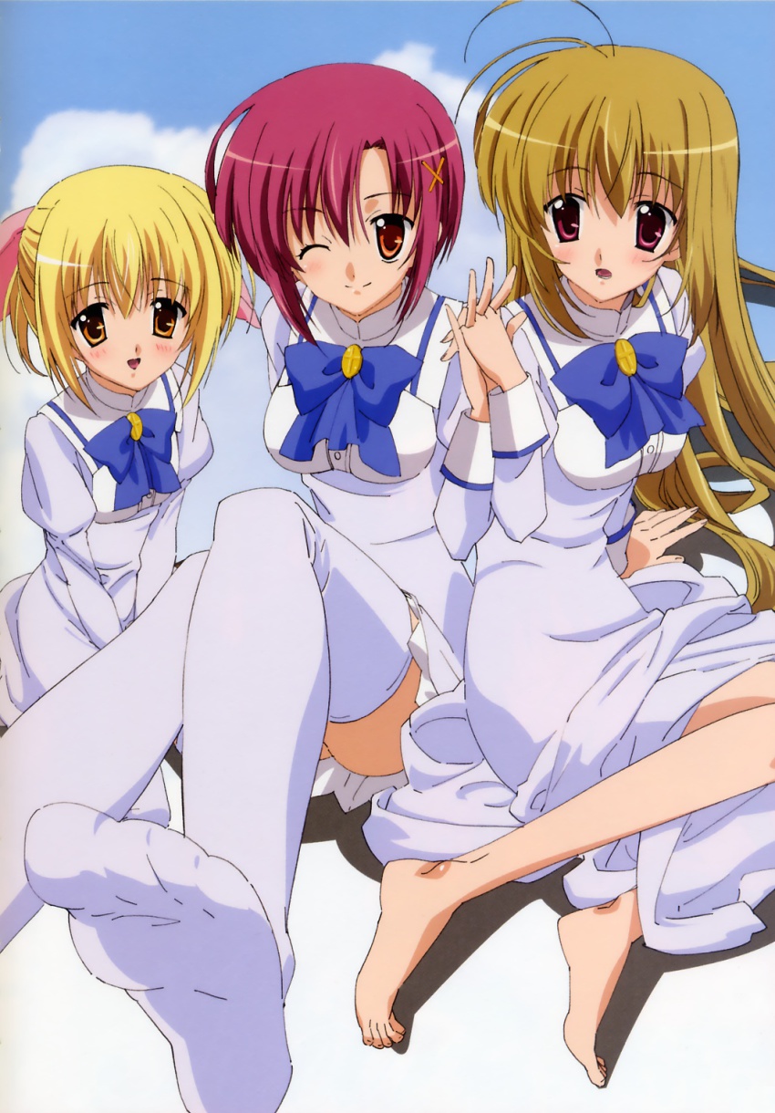 00s, 1boy, 2girls, :d, :o, ;), arm_support, barefoot, blonde_hair, blue_bow, blue_bowtie, blue_dress, blue_thighhighs, blush, bow, bowtie, brooch, cloud, cross, day, dress, feet, hair_ornament, hair_ribbon, hairclip, half_updo, highres, holding_hands, interlocked_fingers, jewelry, juliet_sleeves, long_dress, long_hair, long_sleeves, looking_at_viewer, mikado_mariya, miyanokouji_mizuho, multiple_girls, no_shoes, one_eye_closed, open_mouth, orange_eyes, otome_wa_boku_ni_koishiteru, pink_ribbon, puffy_sleeves, red_eyes, red_hair, ribbon, scan, school_uniform, short_dress, short_hair, sitting, sky, smile, suouin_kana, thighhighs, trap, underbust, yellow_eyes