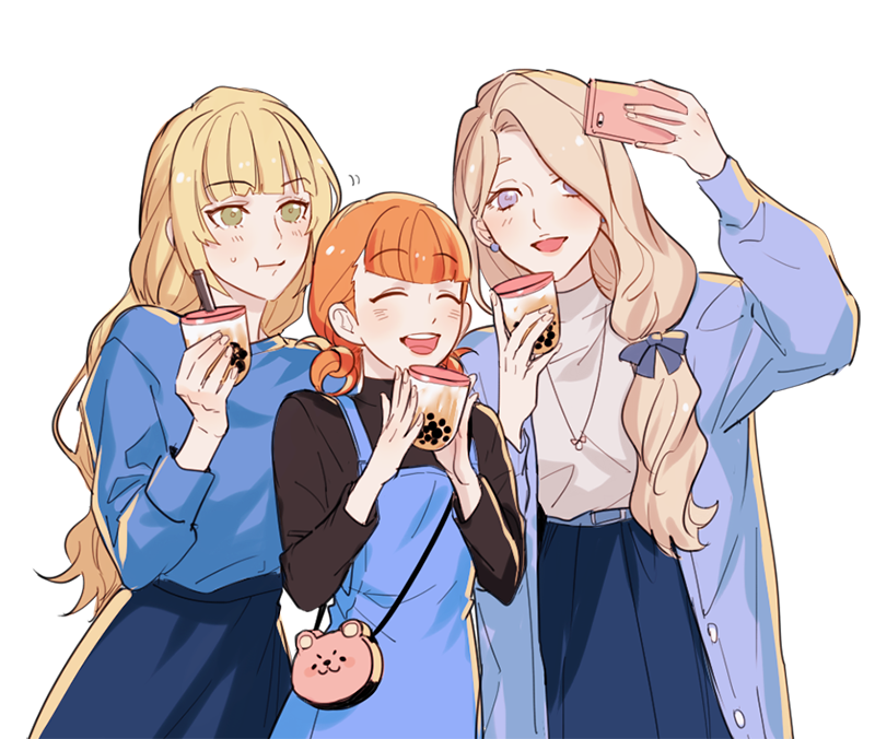 3girls, alternate_costume, animal_bag, annette_fantine_dominic, bag, blonde_hair, blunt_bangs, blush