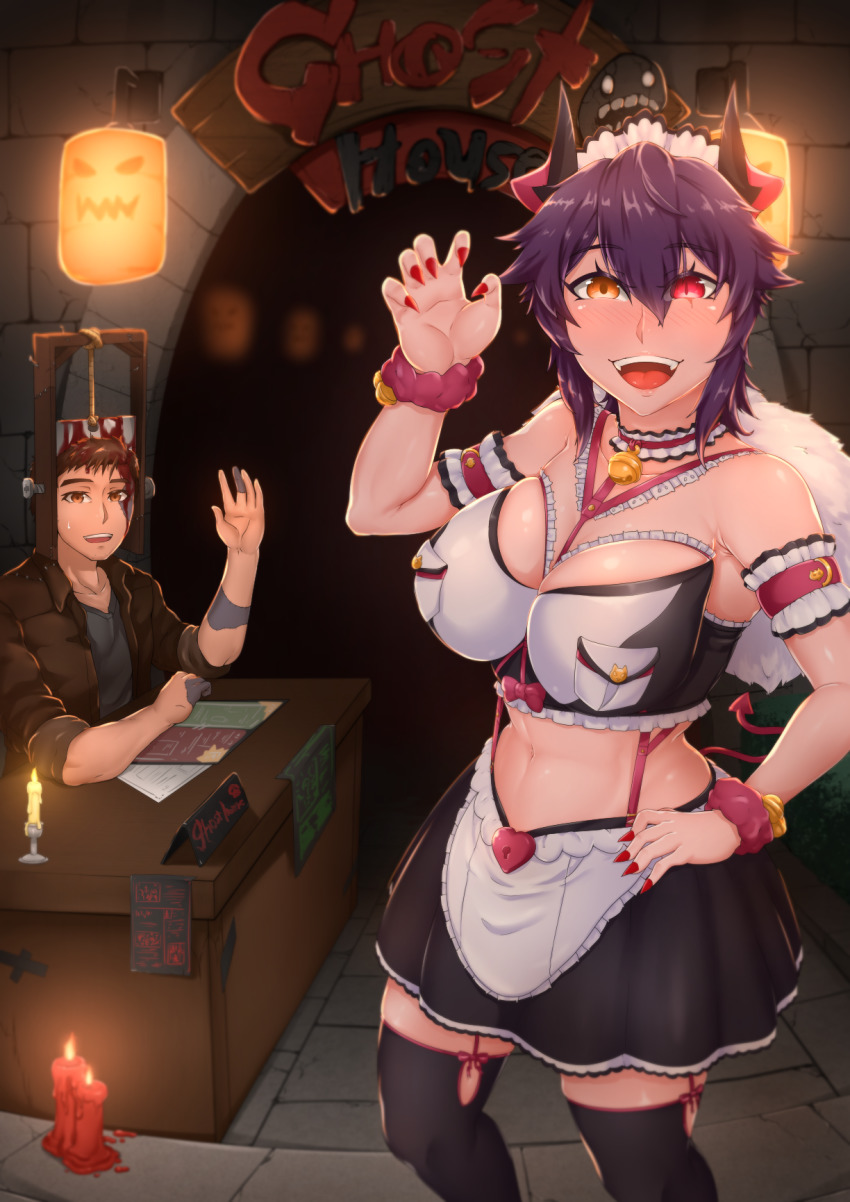 black_legwear, black_shirt, blouse, chanary, demon_girl, garter_straps, hair_between_eyes, halloween