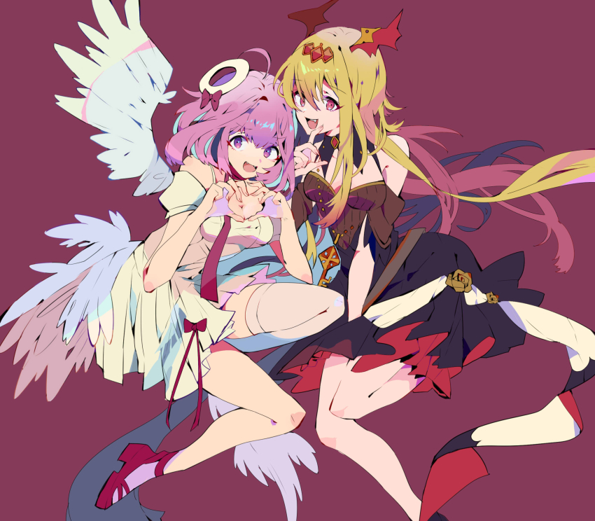 2girls, :d, ahoge, angel_wings, asymmetrical_hair, bare_shoulders, black_collar, black_dress