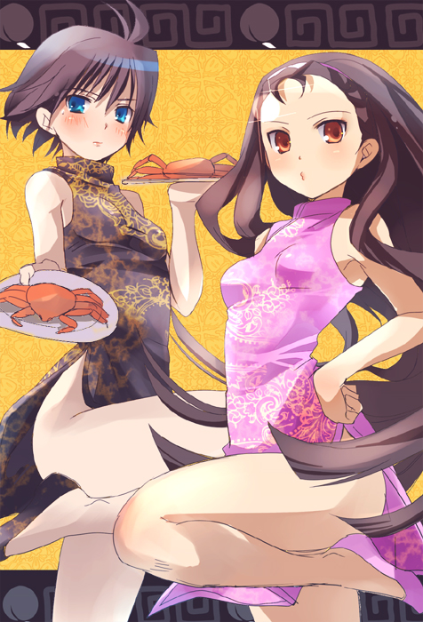 00s, antenna_hair, black_hair, blue_eyes, blush, brown_eyes, china_dress, chinese_clothes