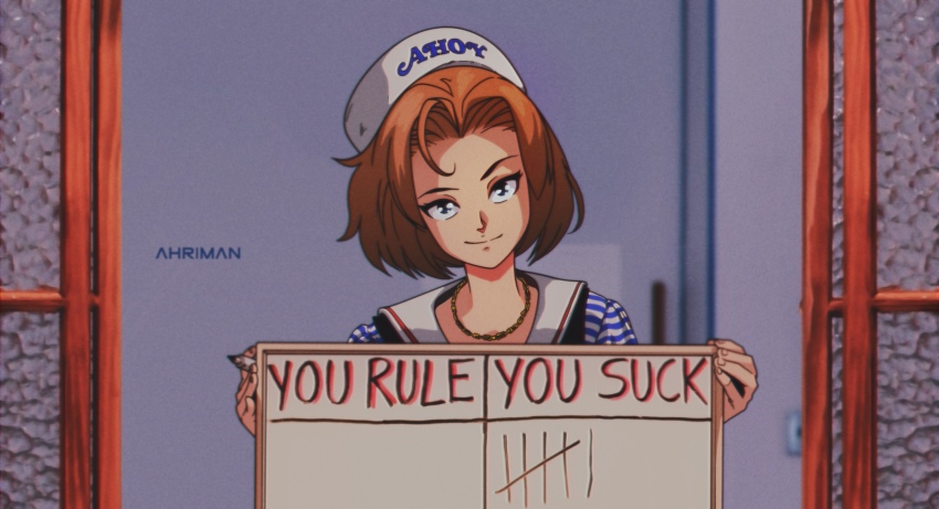 1980s_(style), 1girl, animification, artist_name, blue_eyes, blurry, blurry_background, brown_hair