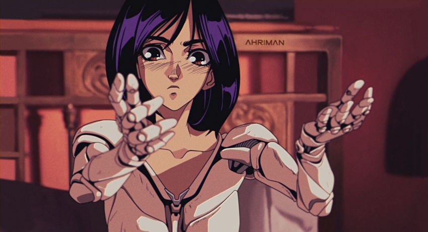 1980s_(style), 1girl, alita, alita:_battle_angel, artist_name, battle_angel_alita, bed, black_hair, blurry, blurry_foreground, brown_eyes, collarbone, cyberpunk, cyborg, dmitry_grozov, female_focus, foreshortening, frown, highres, mechanical_arms, oldschool, outstretched_arms, retro_artstyle, short_hair, solo, upper_body, watermark
