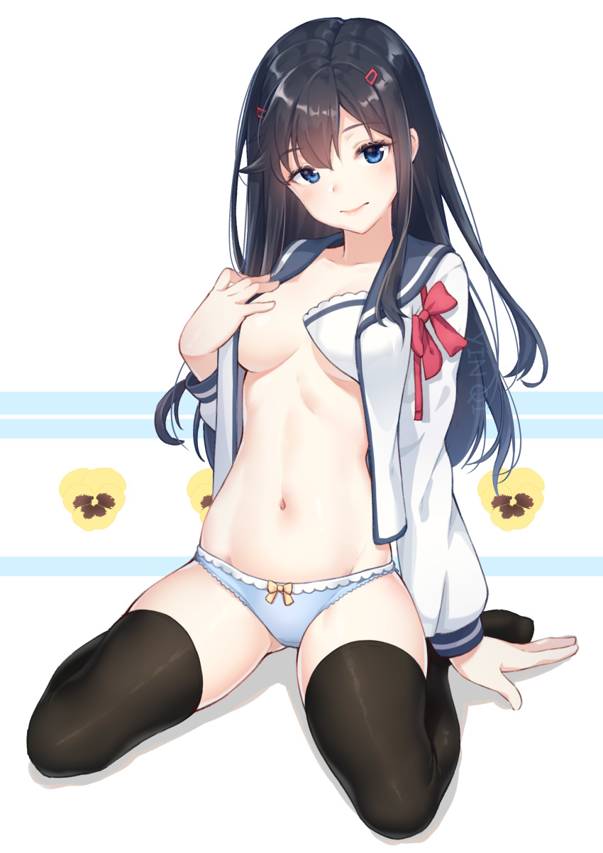 1girl, 779420, absurdres, black_thighhighs, blue_eyes, blue_panties, blush, bow