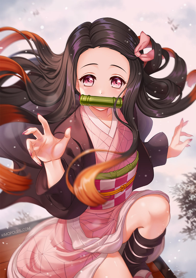 1girl, bamboo, bit_gag, black_hair, brown_hair, commentary, female_focus, forehead