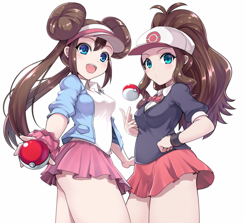 2girls, :d, alternate_costume, baseball_cap, blue_eyes, blue_jacket, bow, bowtie, breasts, brown_hair, closed_mouth, collared_shirt, cosplay, cowboy_shot, double_bun, hair_bun, hand_on_own_hip, hat, hilda_(pokemon), holding, holding_poke_ball, jacket, kasai_shin, lass_(pokemon), lass_(pokemon)_(cosplay), lass_(pokemon_oras), lass_(pokemon_xy), long_hair, looking_at_viewer, miniskirt, multiple_girls, nintendo, open_clothes, open_jacket, open_mouth, pink_skirt, pleated_skirt, poke_ball, poke_ball_(basic), pokemon, pokemon_black_and_white, pokemon_black_2_and_white_2, pokemon_omega_ruby_and_alpha_sapphire, pokemon_x_and_y, ponytail, red_neckwear, red_skirt, rosa_(pokemon), scrunchie, shirt, sidelocks, simple_background, skirt, small_breasts, smile, twintails, visor_cap, white_background, white_shirt, wing_collar, wrist_scrunchie, wristband