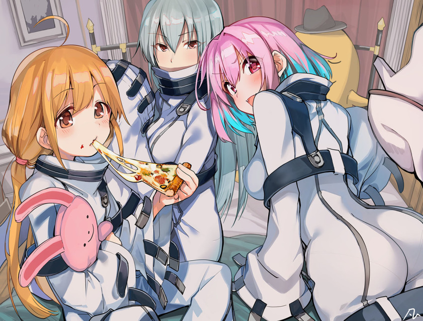 3girls, ahoge, ass, blonde_hair, blush, bodysuit, breasts, c.c.