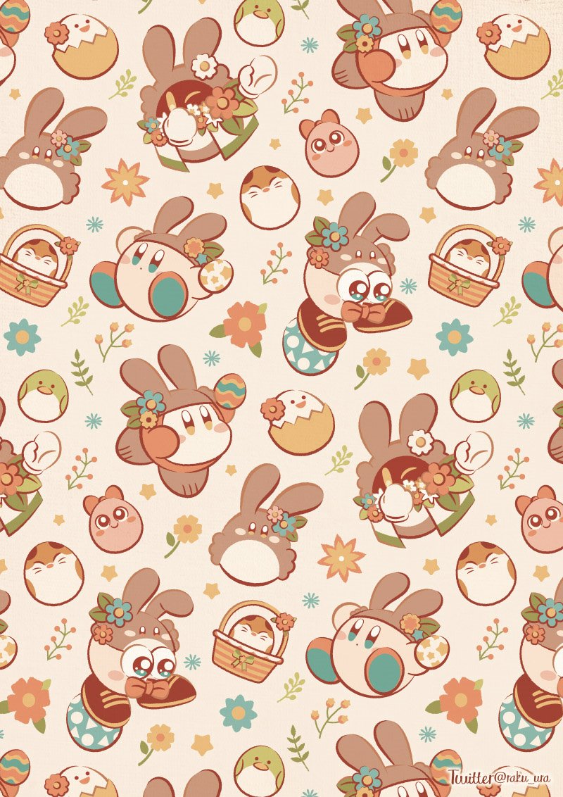 animal_ears, basket, blue_eyes, blush_stickers, bow, bowtie, chuchu_(kirby), easter, easter_egg, egg, flower, food, holding, holding_egg, holding_food, kirby, kirby_(series), magolor, marx_(kirby), nago_(kirby), nintendo, no_humans, patterned_background, pitch_(kirby), rabbit_ears, raku_ura, rayman_limbs, twitter_username, waddle_dee, yellow_eyes