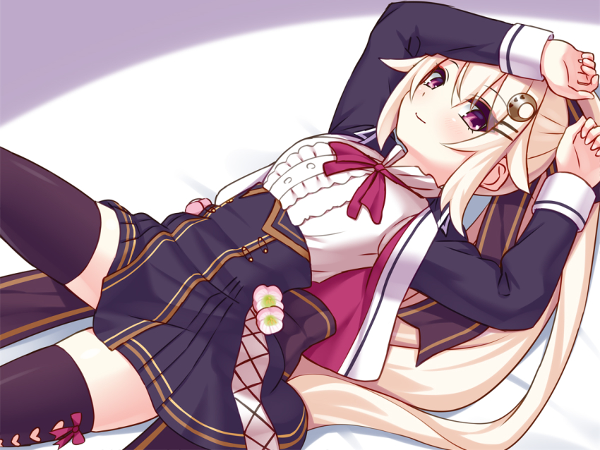 1girl, arms_up, back_bow, black_bow, black_jacket, black_skirt, black_thighhighs, blonde_hair