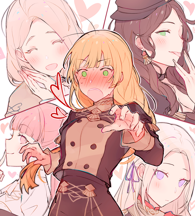 5girls, black_headwear, blonde_hair, blunt_bangs, blush, breasts, brown_hair, cleavage