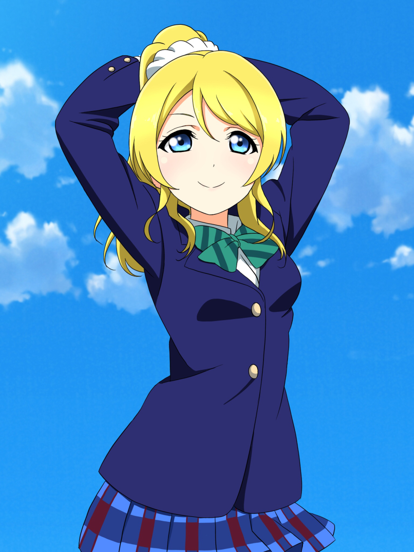 1girl, artist_request, ayase_eli, blazer, blonde_hair, blue_eyes, blue_skirt, blush