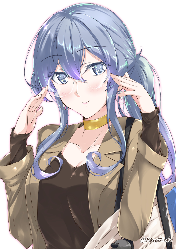 1girl, alternate_costume, bespectacled, black_shirt, blue_eyes, blue_hair, breasts, brown_jacket