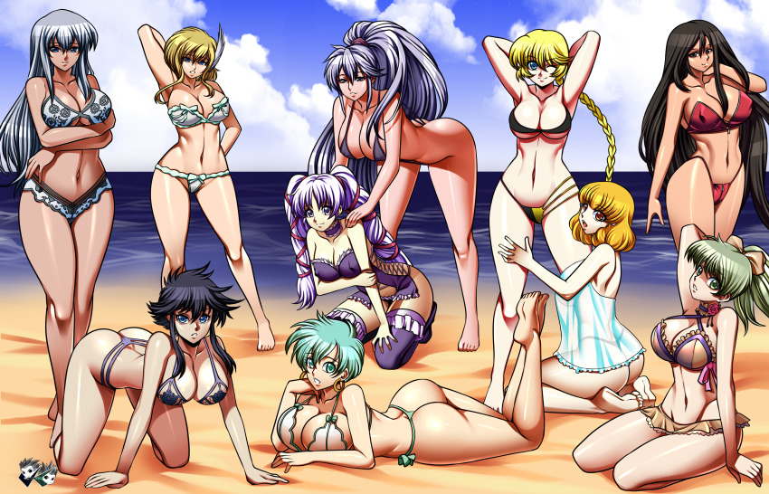 6+girls, absurdres, all_fours, altena_(fire_emblem), aqua_eyes, aqua_hair, arm_behind_head, ass, barefoot, beach, bent_over, bikini, black_hair, blonde_hair, blue_eyes, blue_sky, boots, braid, breasts, cleavage, cloud, fee_(fire_emblem), feet, female_focus, fire_emblem, fire_emblem:_genealogy_of_the_holy_war, hair_ribbon, harem, head, highres, huge_filesize, ishtar_(fire_emblem), jadenkaiba, julia_(fire_emblem), kneeling, lana_(fire_emblem), larcei_(fire_emblem), large_breasts, lene_(fire_emblem), lingerie, long_hair, lying, matching_hair/eyes, multiple_girls, nanna_(fire_emblem), navel, negligee, nintendo, ocean, on_stomach, one_eye_closed, open_mouth, patty_(fire_emblem), red_bikini, ribbon, see-through_clothes, short_hair, sky, slingshot_swimsuit, standing, swimsuit, the_pose, thigh_boots, thighhighs, thong, tine_(fire_emblem), toes, underboob, underwear, white_bikini, white_hair, wink