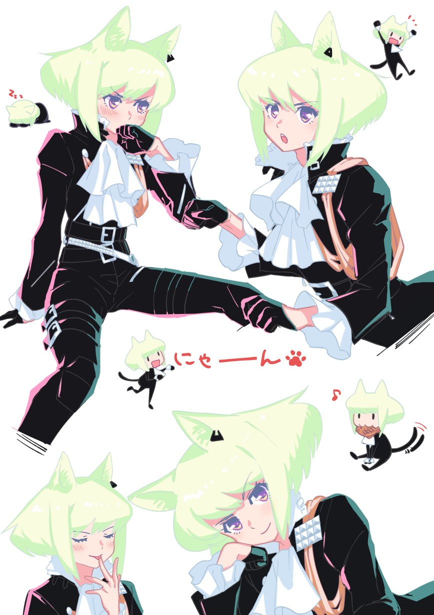 1boy, androgynous, animal_ears, belt, black_gloves, black_jacket, cat_boy, cat_ears, cat_tail, chibi, ascot, earrings, closed_eyes, licking_finger, gloves, green_hair, half_gloves, highres, jacket, jewelry, kiharatta, licking, lio_fotia, male_focus, open_mouth, promare, purple_eyes, short_hair, smile, solo, tail