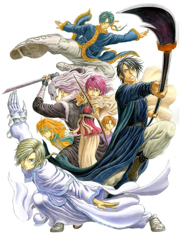 1girl, 6+boys, akatsuki_no_yona, black_hair, blonde_hair, boots, chinese_clothes, clenched_teeth, green_hair, hak_(akatsuki_no_yona), holding, holding_weapon, jae-ha_(akatsuki_no_yona), kija_(akatsuki_no_yona), long_hair, looking_at_viewer, miura_kentarou, multiple_boys, open_mouth, red_hair, serious, short_hair, simple_background, shin-ah_(akatsuki_no_yona), sword, teeth, weapon, white_background, white_hair, yona_(akatsuki_no_yona), yoon_(akatsuki_no_yona), zeno_(akatsuki_no_yona)