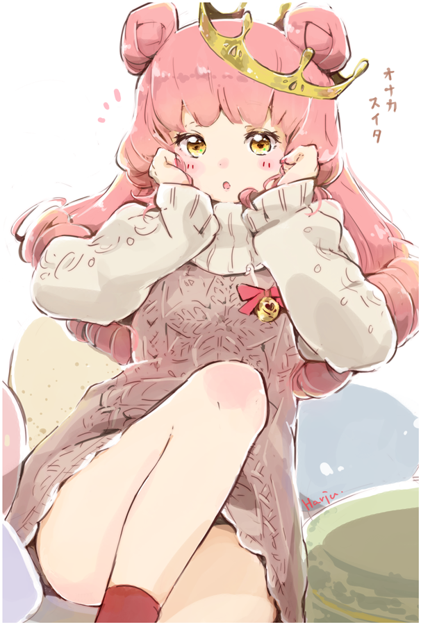 1girl, :o, bell, blush, bow, crown, curly_hair, double_bun, dress, female_focus, food, gulico_(otoca_d'or), hair_bun, hands_on_own_cheeks, hands_on_own_face, jingle_bell, knee_up, leoharju, long_hair, long_sleeves, looking_at_viewer, macaron, otoca_d'or, pink_hair, red_bow, red_socks, simple_background, sitting, socks, solo, sweater, sweater_dress, turtleneck, white_background, yellow_eyes