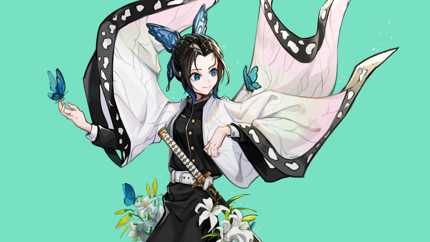 1girl, absurdres, animal_ears, aqua_background, belt, belt_buckle, black_hair, blue_eyes
