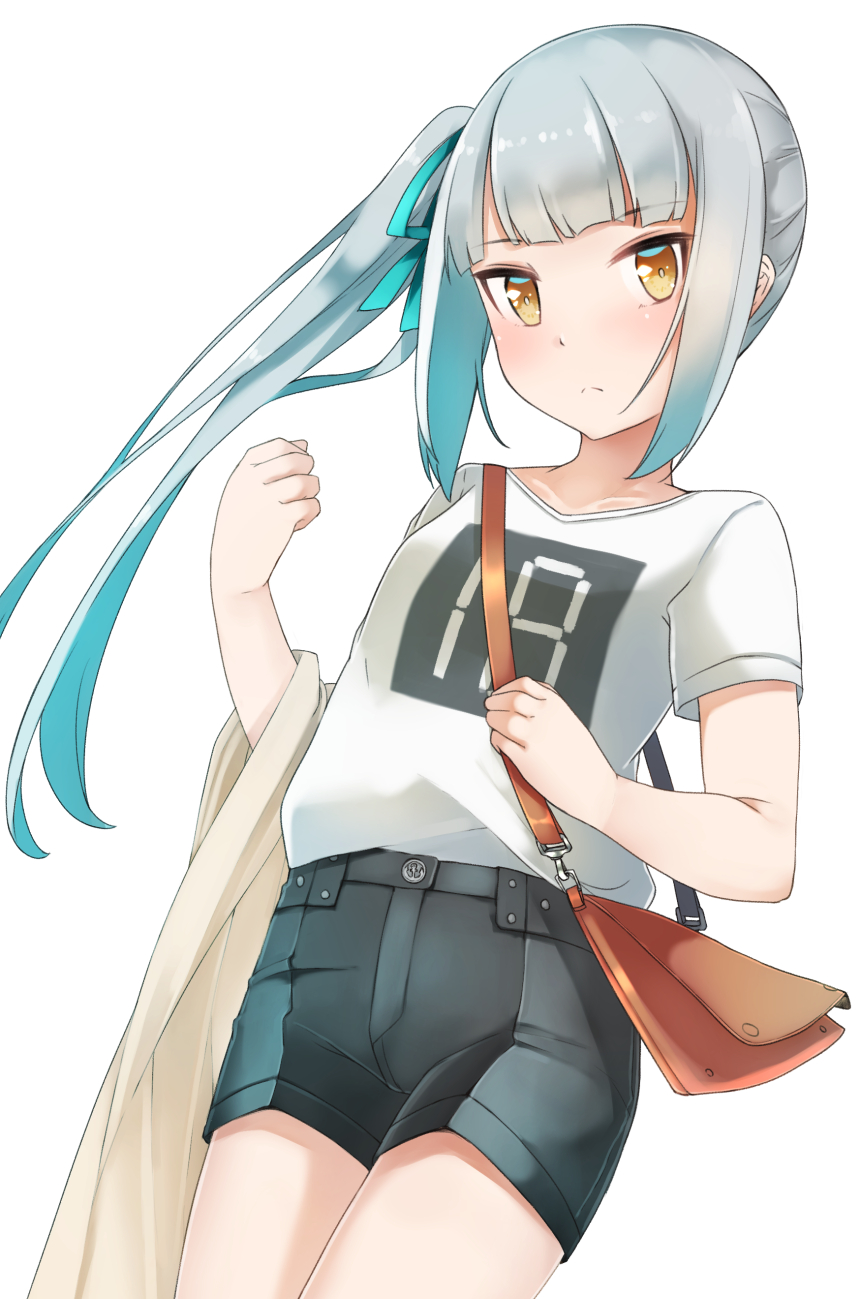 1girl, alternate_costume, aqua_ribbon, bag, blush, breasts, brown_eyes, closed_mouth, comah, female_focus, grey_hair, hair_ornament, highres, kantai_collection, kasumi_(kancolle), kasumi_(kure)_(kancolle), long_hair, ribbon, shirt, short_shorts, short_sleeves, shorts, side_ponytail, simple_background, small_breasts, solo, white_background, white_shirt