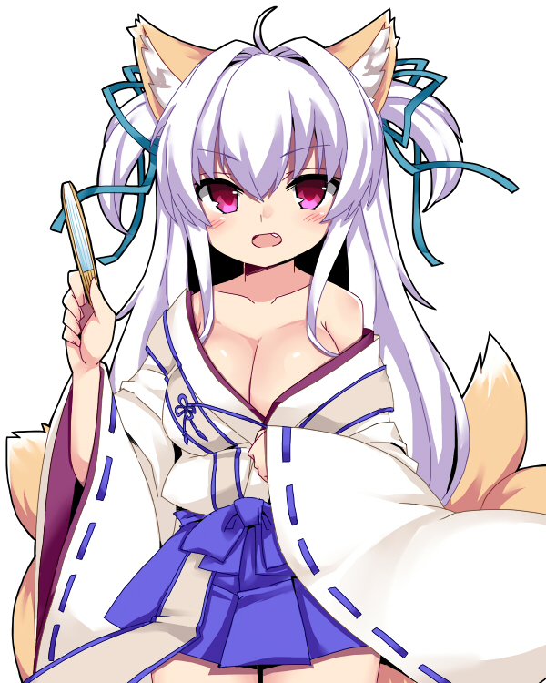 ahoge, animal_ears, blue_ribbon, blue_skirt, blush, breasts, cleavage, folding_fan