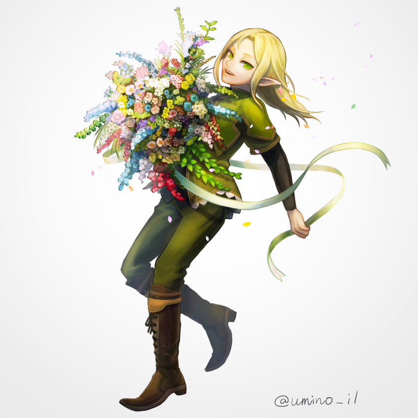 1boy, absurdres, blonde_hair, boots, bouquet, elf, erik_burton, flower