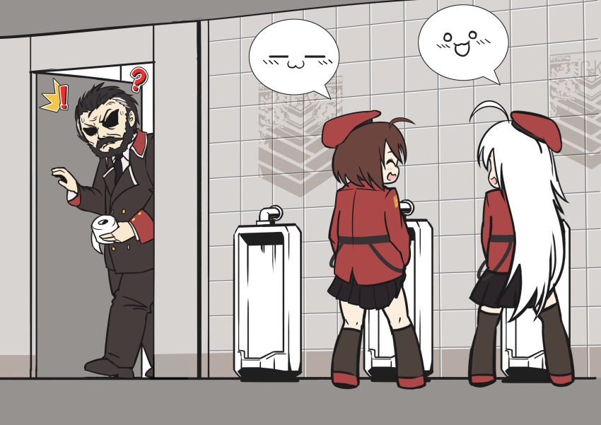 3boys, absurdres, ahoge, beard, beret, berezovich_kryuger_(girls'_frontline), black_legwear, black_skirt