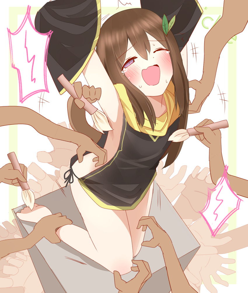 +++, 1girl, absurdres, armpits, arms_up, bare_legs, bare_shoulders, barefoot