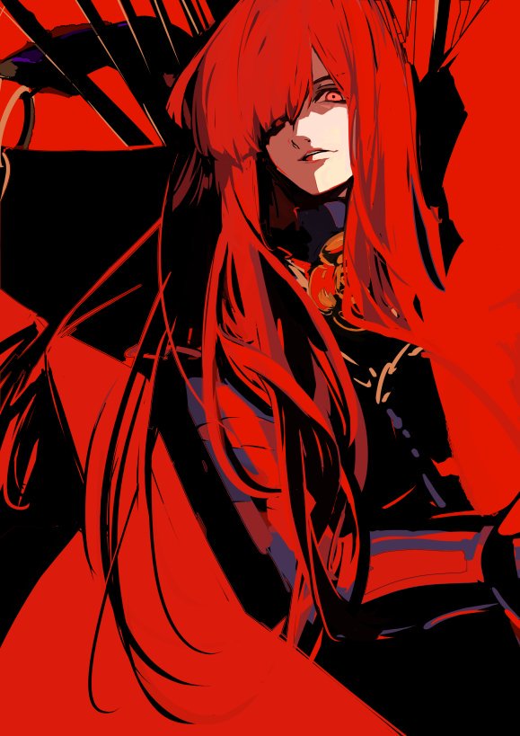 1girl, armor, blunt_bangs, character_request, fate/grand_order, fate_(series), female_focus, japanese_armor, long_hair, oda_nobunaga_(fate), parted_lips, red_background, red_eyes, red_hair, simple_background, solo, yumitoriaoi