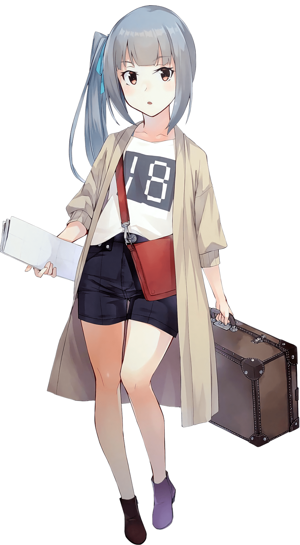 1girl, :o, bag, beige_jacket, black_shorts, blush, briefcase, brown_eyes