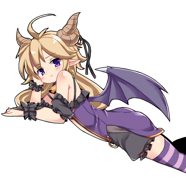 1girl, ahoge, bell, belphe_(sennen_sensou_aigis), black_ribbon, black_scrunchie, blonde_hair, dragon_horns, dragon_wings, female_focus, horns, long_hair, looking_at_viewer, low_twintails, lying, nemui_(nemui), on_stomach, pointy_ears, purple_eyes, purple_thighhighs, ribbon, scrunchie, sennen_sensou_aigis, simple_background, solo, striped_clothes, striped_thighhighs, thighhighs, twintails, wings, wrist_scrunchie