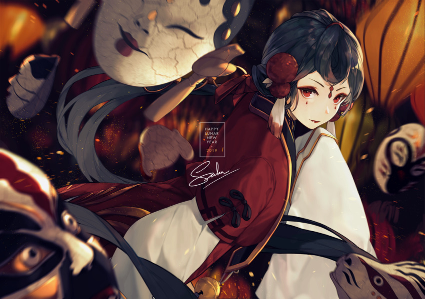 1girl, 2019, bad_id, bad_pixiv_id, bell, black_hair, blurry, chinese_new_year