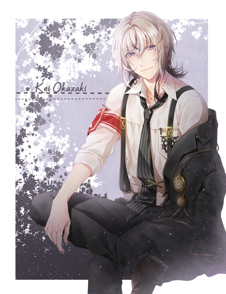 1boy, aoagu, armband, bad_id, bad_pixiv_id, black_footwear, black_necktie, black_pants, character_name, collar_x_malice, gradient_hair, grey_background, hair_between_eyes, jacket, kei_okazaki, looking_at_viewer, male_focus, multicolored_hair, necktie, pants, purple_eyes, shirt, silver_hair, sitting, solo, striped_clothes, striped_necktie, striped_neckwear, suspenders, unworn_jacket, vertical_stripes, white_shirt